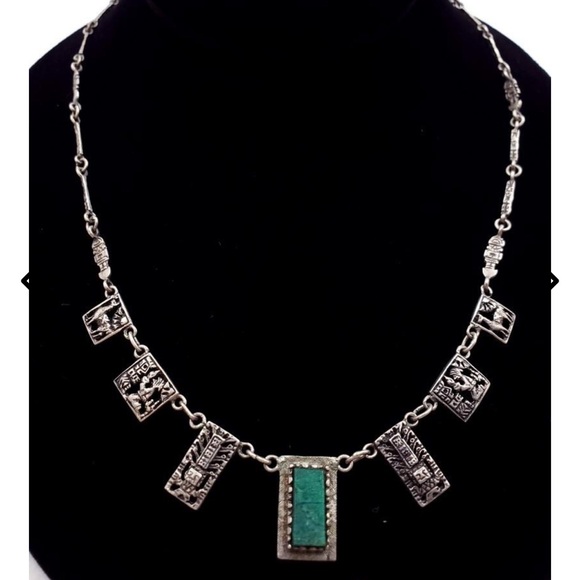 Stunning Vintage Peruvian Jade Tumi Storyteller Sterling Silver Necklace - Picture 1 of 16